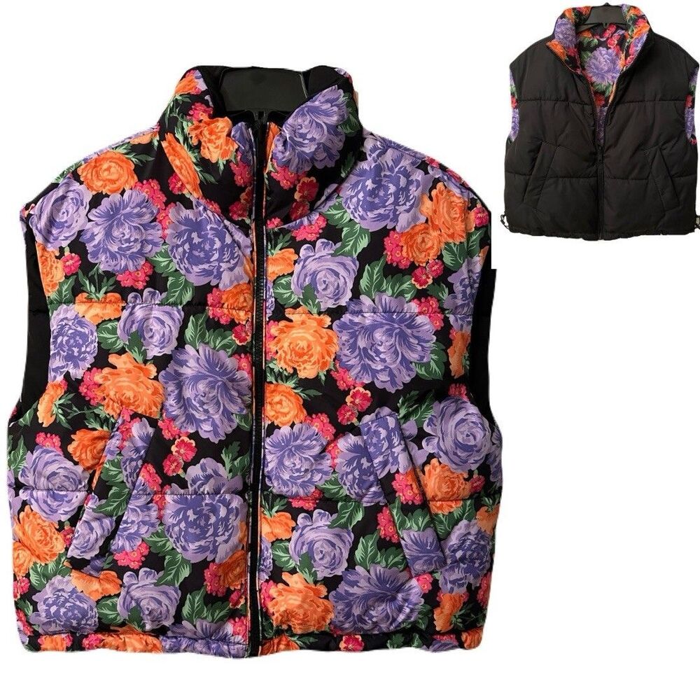 SUPER CUTE🌺🏵🪻Zara Reversible Floral Puffer Vest - Black, Purple & Orange.